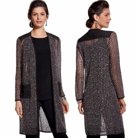 Chicos Travelers 2 Sheer Knit Duster Cardigan Black White L 12 Layering Travel - Picture 1 of 7